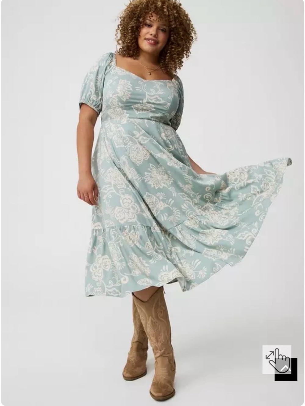 Plus Size Sage Floral Midi Dress with Square Neckline